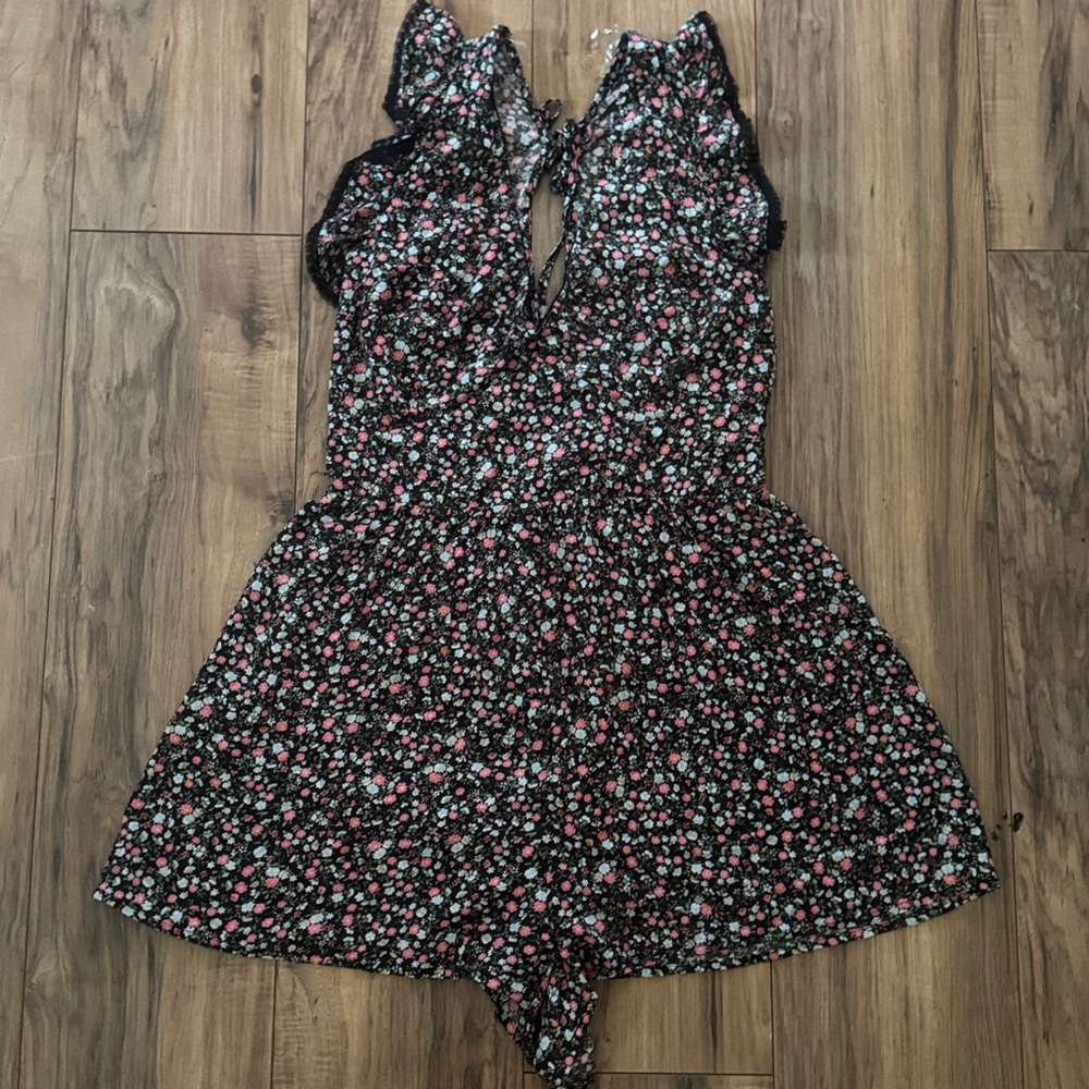 Trixxi Black Floral Romper with Pink and White Flowers